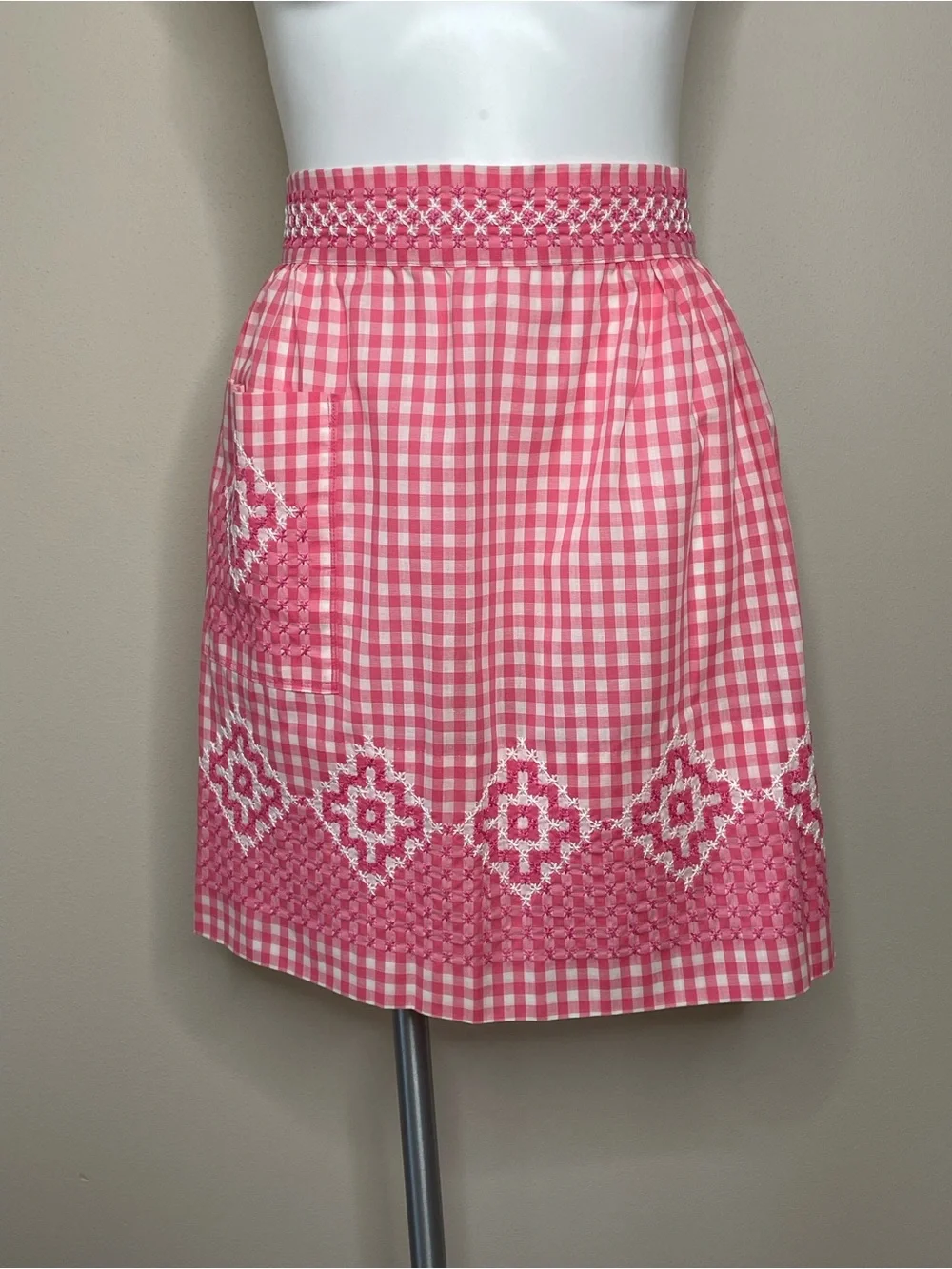 Pink Gingham Embroidered Tea or Half Apron with Chicken Scratch Stitching